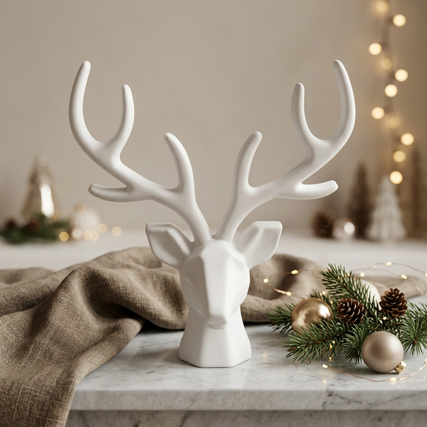 Alce de cerâmica perfumada branca, com hastes abertas e cabeça facetada, numa composição de Natal.
