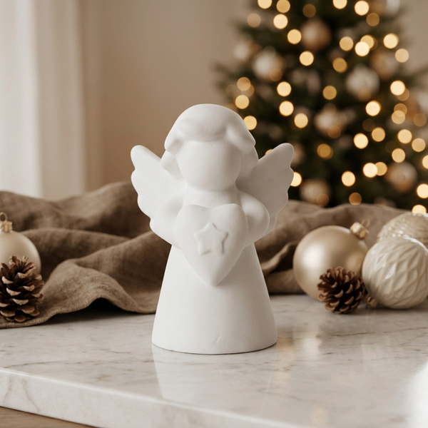 Mini anjo de cerâmica perfumada branca com coração e estrela, com árvore de Natal ao fundo.