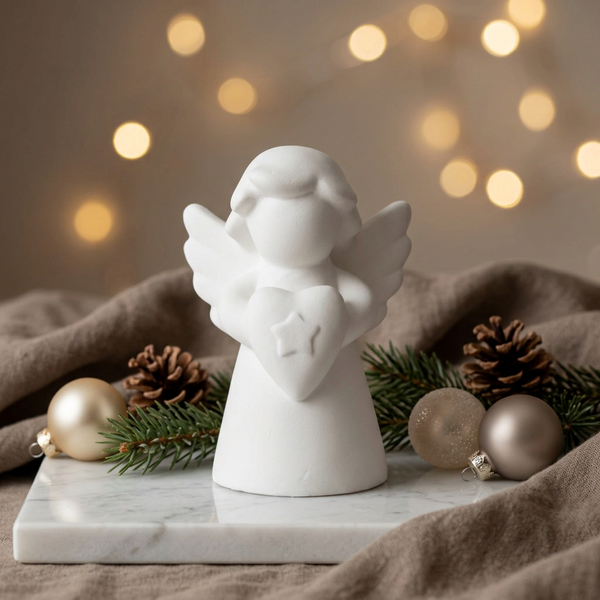 Mini anjo de cerâmica perfumada branca, com coração e estrela em relevo, entre ramos e bolas de Natal.