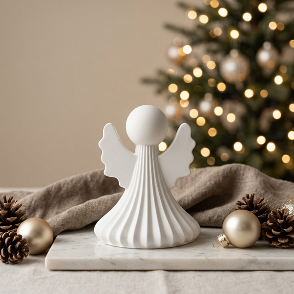 Anjo raiado de cerâmica perfumada branca, com base alargada e asas onduladas, junto a bolas de Natal.
