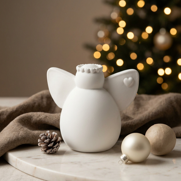 Anjo redondo liso de cerâmica perfumada branca sobre mármore, com árvore de Natal ao fundo.