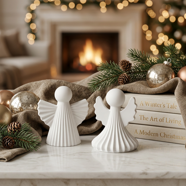 Dois anjos raiados de cerâmica perfumada branca sobre mármore, com lareira e decoração de Natal ao fundo.