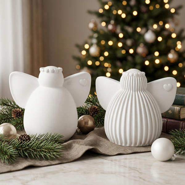 Anjos redondos de cerâmica perfumada branca, nos modelos liso e raiado, numa composição de Natal.