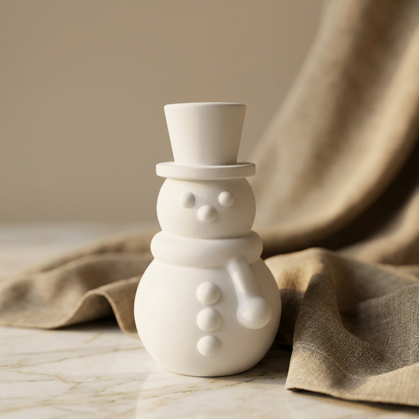 Boneco de neve branco com cartola, cachecol e três botões em relevo, sobre mármore junto a tecido bege.