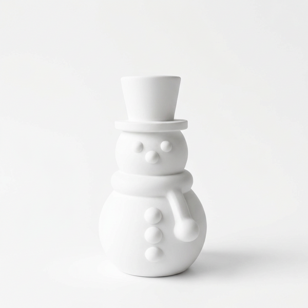 Vista frontal do boneco de neve de cerâmica perfumada branca, com cartola e cachecol, sobre fundo claro.