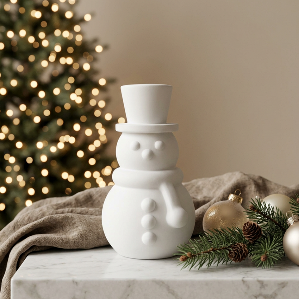 Boneco de neve de cerâmica perfumada branca, com cartola e cachecol, numa composição com árvore e enfeites de Natal.