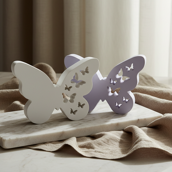 Borboletas gigantes de cerâmica perfumada artesanal em tons pastel, com aroma de talco.