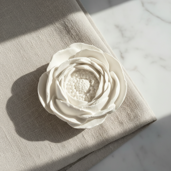 Cerâmica perfumada artesanal em formato de flor camélia com pétalas abertas.