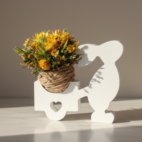 Vaso decorativo em formato de coelho puxando carrinho com flores secas sobre superfície clara, peça de decoração delicada