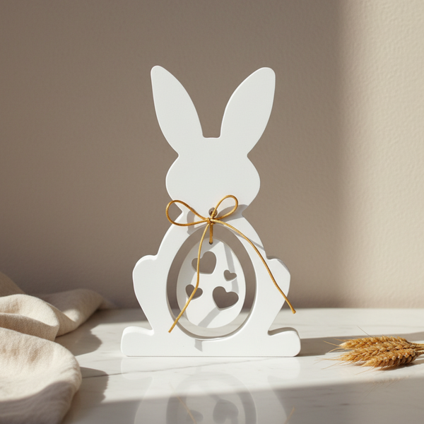 Coelho decorativo branco com ovo vazado e laço dourado para decoração de páscoa em estilo minimalista.