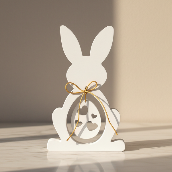 Coelho decorativo branco com ovo vazado e laço dourado para decoração de páscoa em estilo minimalista.