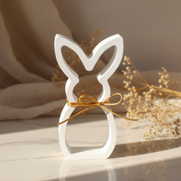 Coelho decorativo vazado branco com laço dourado para decoração minimalista de Páscoa.