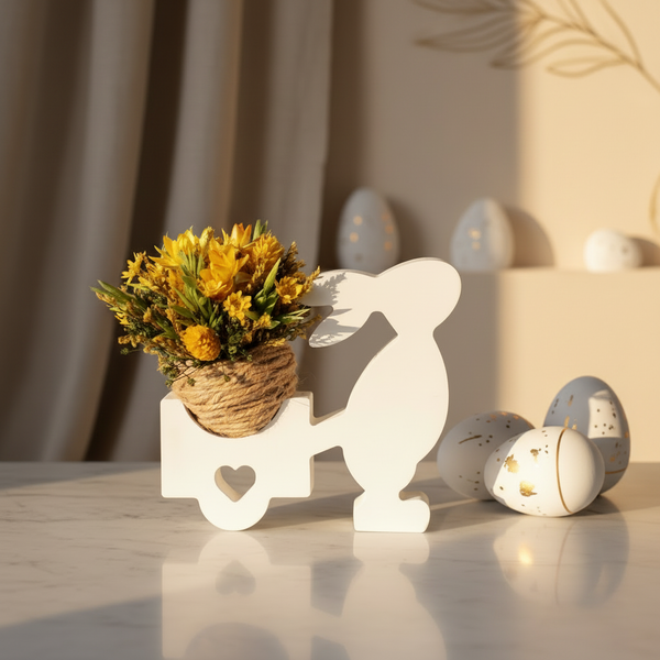 Vaso decorativo em formato de coelho puxando carrinho com flores secas sobre superfície clara, peça de decoração delicada