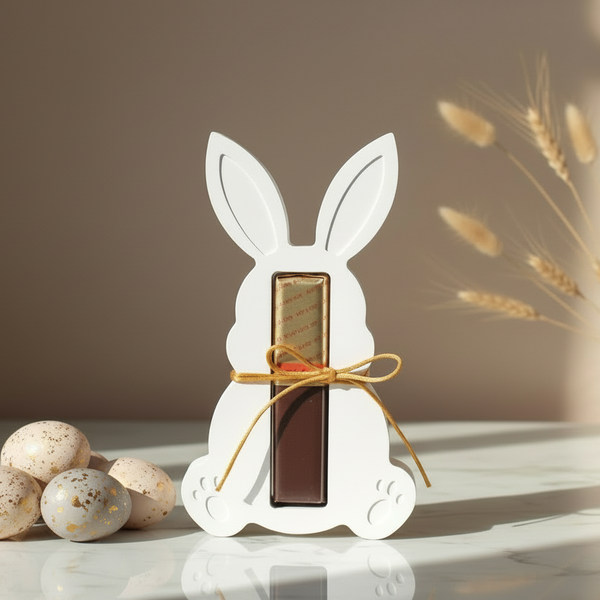 Coelho decorativo branco com laço dourado segurando bombom de chocolate para presente de Páscoa.