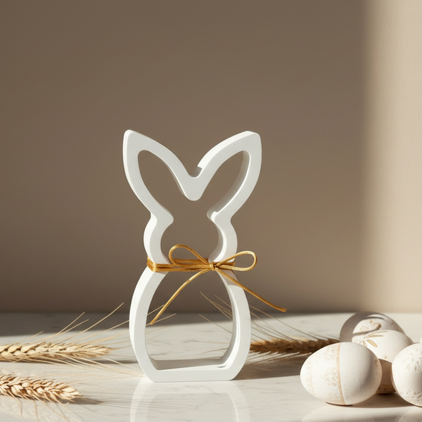 Coelho decorativo vazado branco com laço dourado para decoração minimalista de Páscoa.