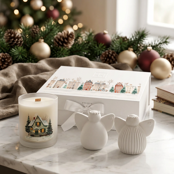 Coffret com vela em copo de vidro fosco, anjos branco liso e canelado e caixa com laço, sobre mármore junto à janela.