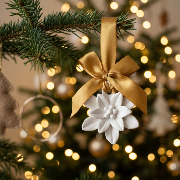 Estrela de Natal branca de pétalas pontiagudas e centro em relevo, com laço dourado, na árvore de Natal.