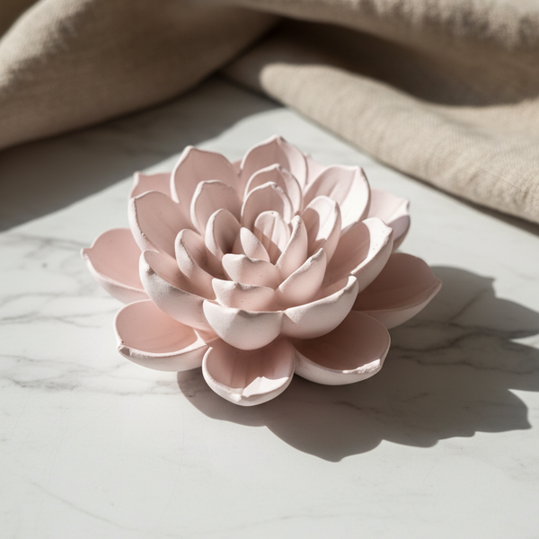 Flor de Lótus de cerâmica perfumada artesanal em cores pastel e aroma floral fresco.