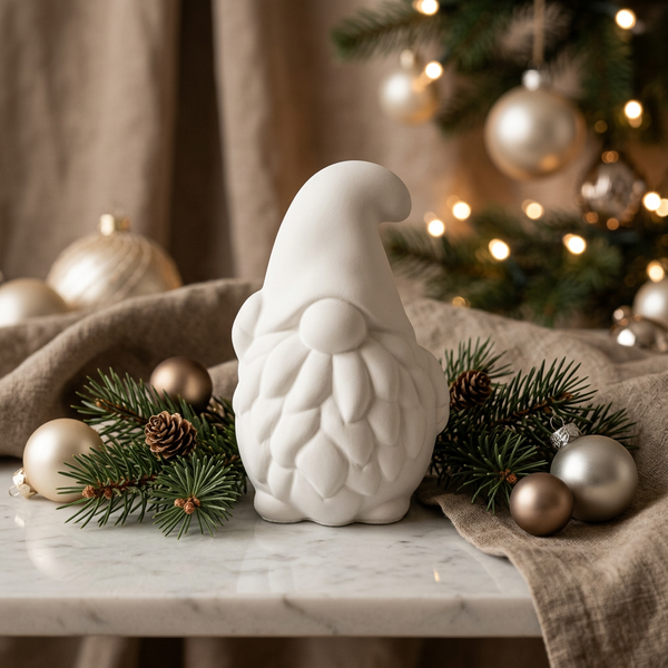Gnomo gordo de cerâmica perfumada branca, com gorro curvo e barba em relevo, entre ramos e bolas de Natal.