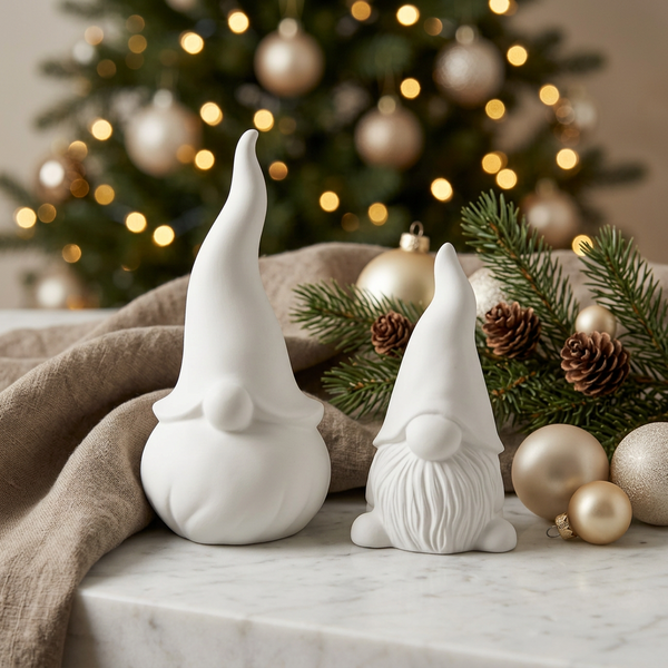 Gnomos grande e pequeno de cerâmica perfumada branca, com gorros altos, numa composição de Natal.