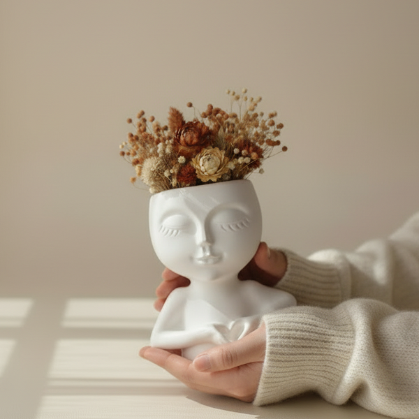 Jarra decorativa rosto feminino com coração nas mãos e arranjo de flores secas neutras.