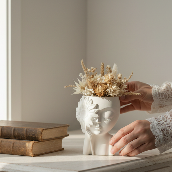 Jarra artística rosto feminino com flores secas para decoração moderna e minimalista.
