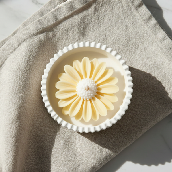 Velas aromáticas decoradas com margaridas em várias cores, para decoração, presentes ou criar ambientes acolhedores.
