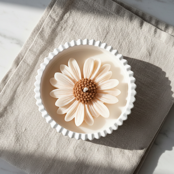 Velas aromáticas decoradas com margaridas em várias cores, para decoração, presentes ou criar ambientes acolhedores.