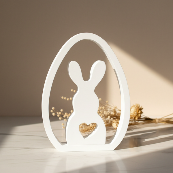 Enfeite decorativo de Páscoa com coelho dentro de ovo branco minimalista com recorte de coração.