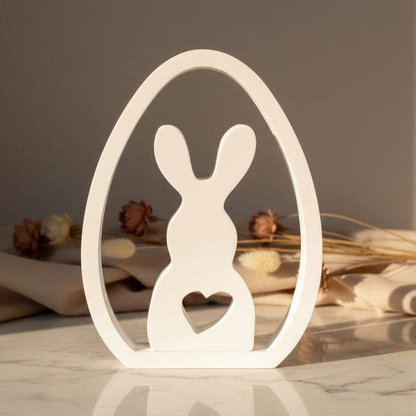 Enfeite decorativo de Páscoa com coelho dentro de ovo branco minimalista com recorte de coração.