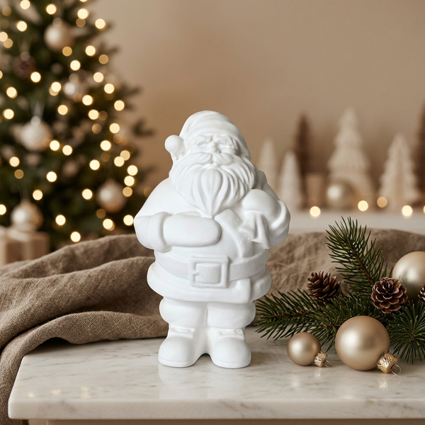 Pai Natal de cerâmica perfumada branca, com barba em relevo e cinto, numa composição com árvore e enfeites de Natal.