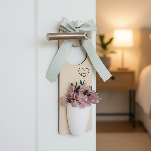 Enfeite de porta com laço verde e vaso com flores secas estilo minimalista e aconchegante.