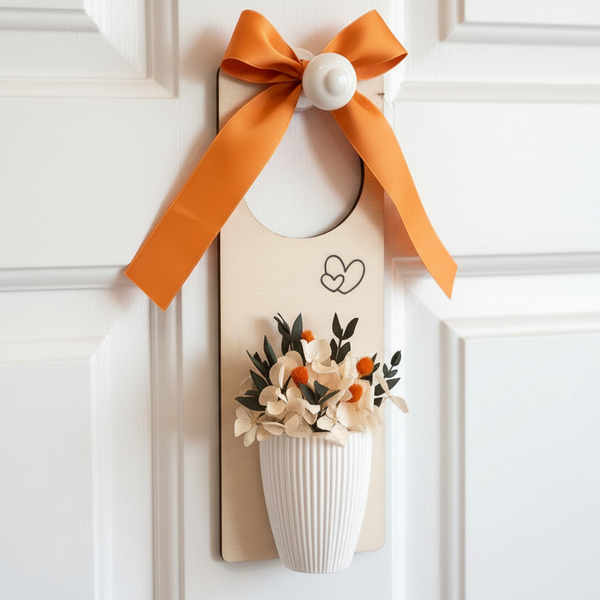 Pendente decorativo para porta com laço laranja e vaso com flores secas em placa de madeira.