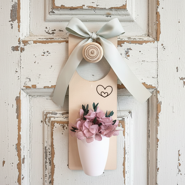 Pendente decorativo para porta com laço e vaso com flores secas em placa de madeira.