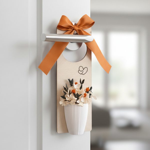 Enfeite de porta com laço e vaso com flores secas estilo minimalista e aconchegante.