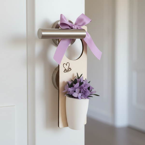Enfeite para maçaneta com laço lilás e vaso com flores secas delicadas para decoração romântica.