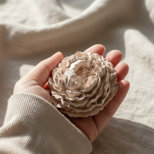 Cerâmica perfumada artesanal em formato de peónia média em cores pastel e aroma floral.