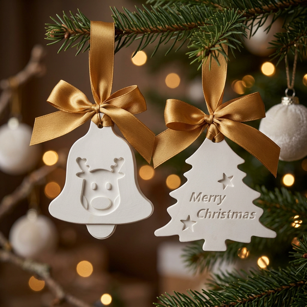 Sino com rena em relevo e pinheiro com inscrição Merry Christmas, com fitas douradas, na árvore de Natal.