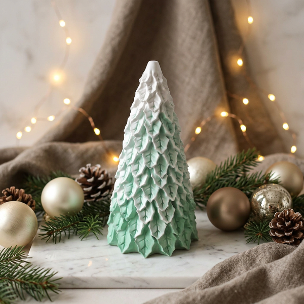 Pinheiro Folhas de cerâmica perfumada no acabamento Nevado, entre ramos, pinhas e bolas de Natal.