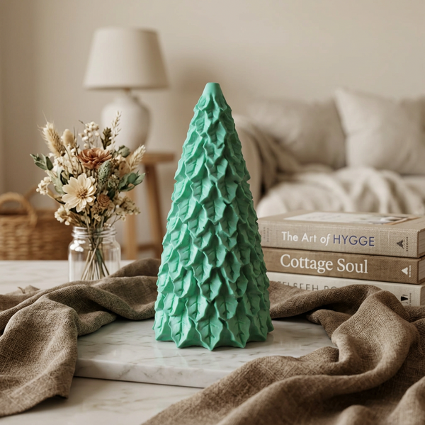 Pinheiro Folhas verde de cerâmica perfumada junto a uma jarra com flores secas e livros.