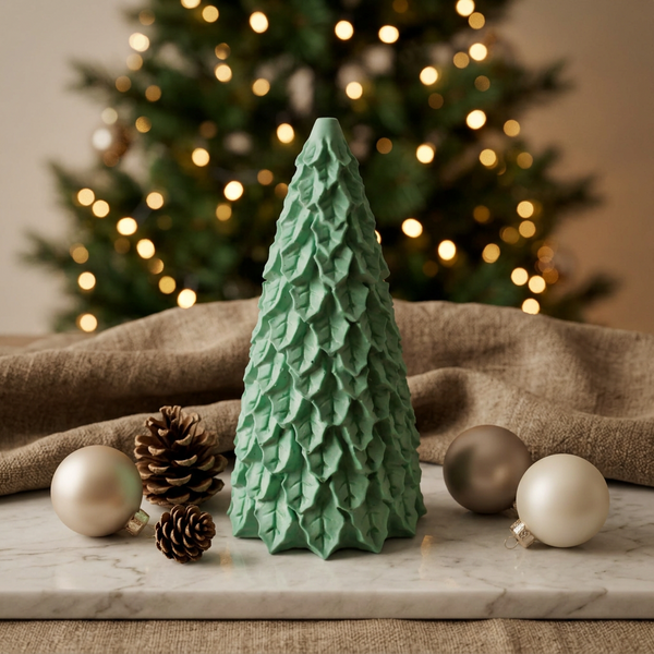 Pinheiro Folhas verde de cerâmica perfumada, com folhas em relevo e árvore de Natal ao fundo.