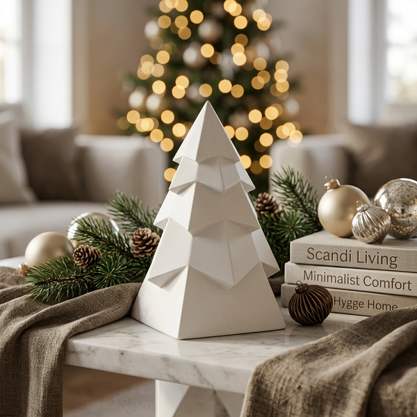 Pinheiro geométrico branco junto a livros, ramos e bolas de Natal, com árvore iluminada ao fundo.