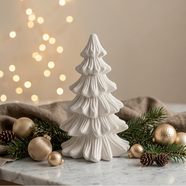 Pinheiro nórdico alto de cerâmica perfumada branca, com ramos em relevo, entre bolas e ramos de Natal.