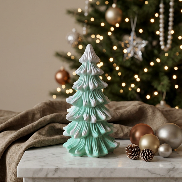 Pinheiro nórdico alto no acabamento Nevado, verde com apontamentos brancos, com árvore de Natal ao fundo.