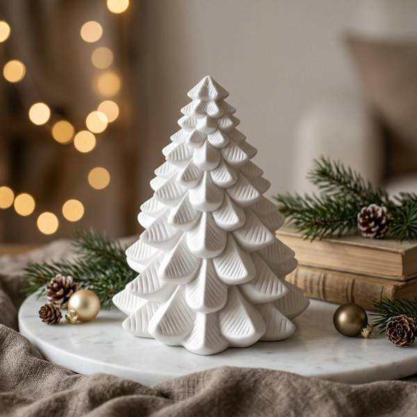Pinheiro nórdico largo de cerâmica perfumada branca, com ramos texturados, numa composição de Natal.