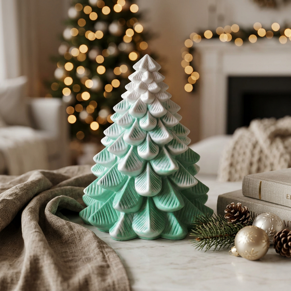 Pinheiro nórdico largo no acabamento Nevado, verde com apontamentos brancos, com árvore de Natal ao fundo.