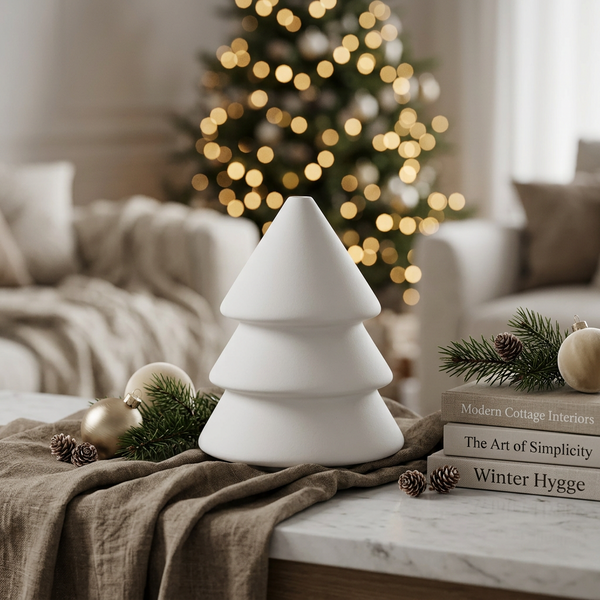 Pinheiro redondo de cerâmica perfumada branca junto a livros e enfeites, com árvore de Natal ao fundo.