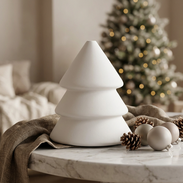 Pinheiro redondo de cerâmica perfumada branca, com três volumes lisos, numa composição com árvore de Natal ao fundo.