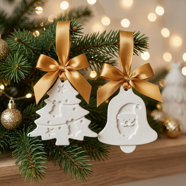 Pinheiro e sino de cerâmica perfumada branca, com laços dourados, pendurados num ramo de Natal.