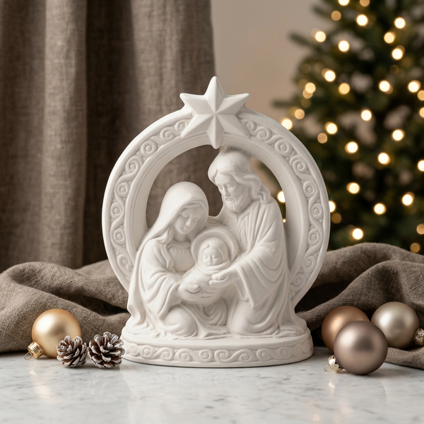 Presépio clássico branco com a Sagrada Família em relevo, numa composição junto à árvore de Natal.